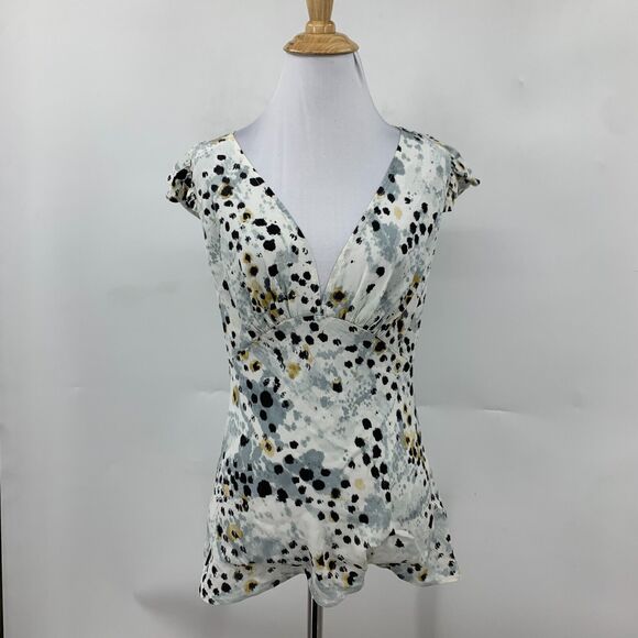 Moda International Silk Blouse Women S Grey Leopard Plunge V Neck Flutter Sleeve - Picture 2 of 14